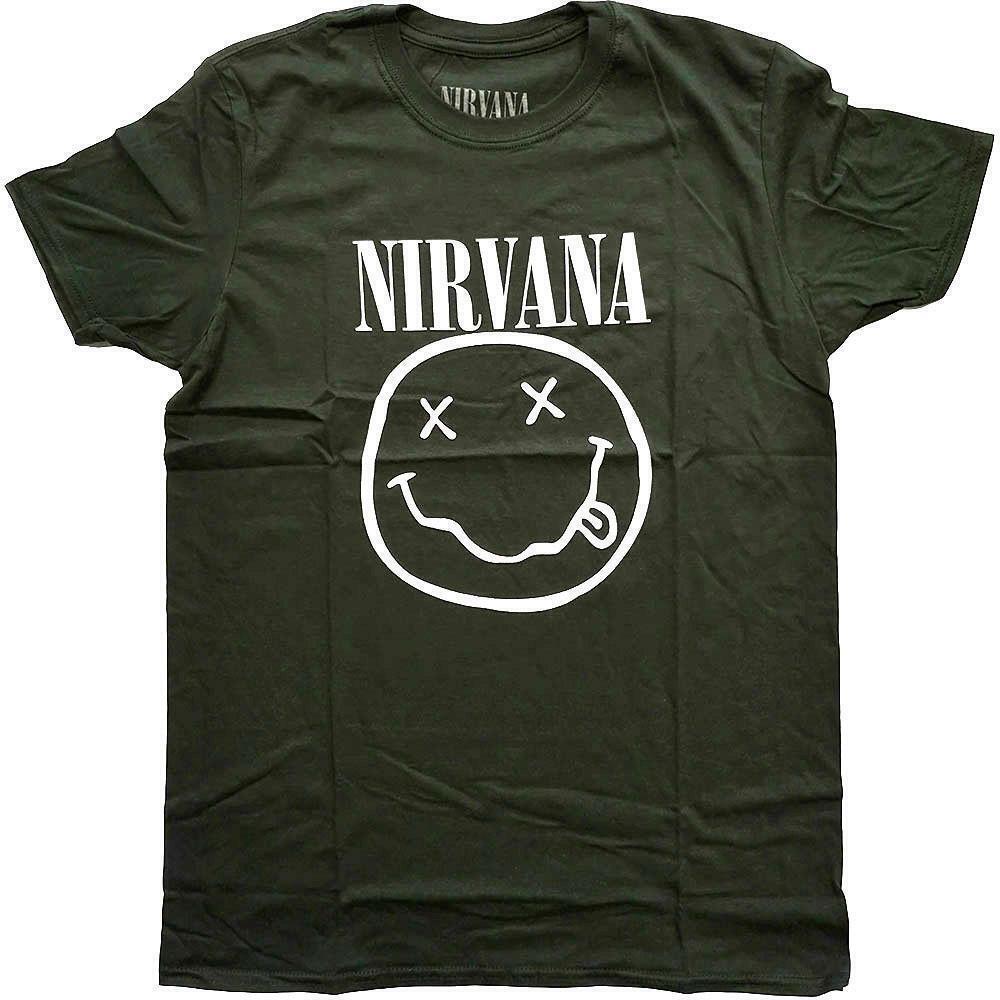 Nirvana Unisex T Shirt White Smiley Dark Green